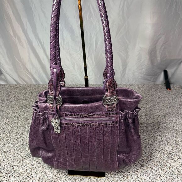 Vintage Brighton Women's Purple Leather Shoulder Bag w/ Pleats & Side Pockets - Picture 1 of 11